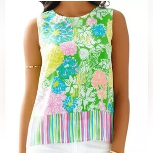 Lilly Pulitzer Iona Silk Tank Blouse Button Back Floral Patchwork Sleeveless